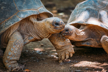 Couple of Aldabra giant tortoises endemic species - one of the largest tortoises in the world in zoo Nature park on Mauritius island. Huge reptiles portrait. Exotic animals, love and traveling concept - obrazy, fototapety, plakaty