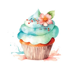 cupcake with cream. watercolor illustration ice cream