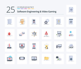 Fototapeta na wymiar Software Engineering And Video Gaming 25 Flat Color icon pack including disc. upload. user. save. drive