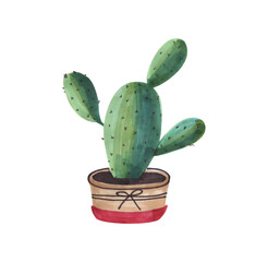 Green cactus in a pot with bows,watercolor drawing on an isolated white background