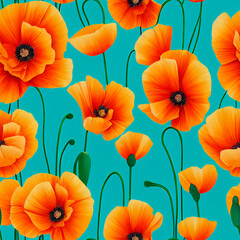 California poppy seamless flower pattern. Hand painted watercolor floral background.