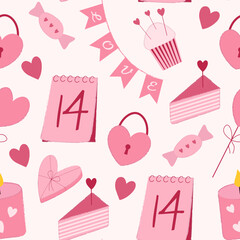 Seamless pattern with pink elements for valentines day. Calendar, cupcake, candy and hearts. Flat vector style illustration