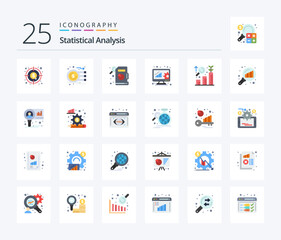 Statistical Analysis 25 Flat Color icon pack including graph magnifying. data analyzing. data analytics. growth. analysis