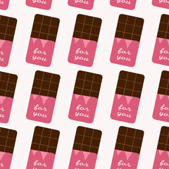 Seamless pattern with chocolate in pink wrap. Gift for valentine's day. Flat style vector illustration.