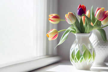 Vase with beautiful tulips on table, springtime concept. Generative Ai