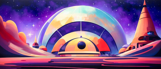 Panoramic view of the sci-fi dome structure in futuristic landscape. Generative AI