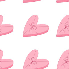 Seamless pattern with box of candy in heart form. Gift for valentine's day. Flat style vector illustration.