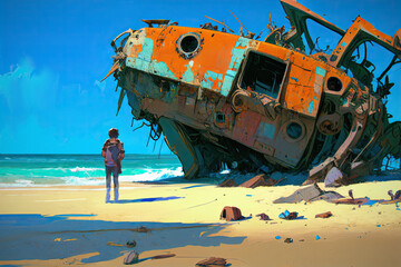 An ancient red mechanical engine runs aground on the beach, digital art style, generative AI