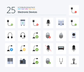 Devices 25 Flat Color icon pack including record. mic. equipment. hardware. devices
