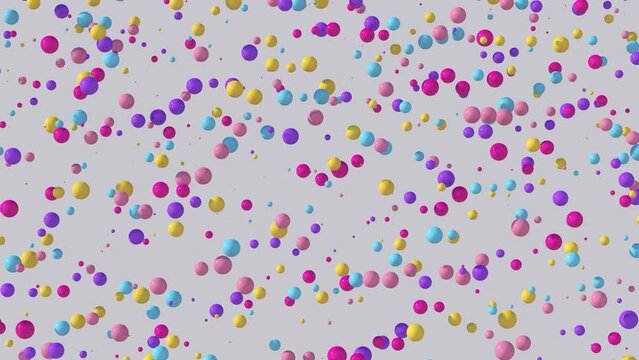 Bright colorful particles flying, gray background. Abstract animation, 3d render.