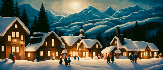 Artistic concept illustration of a snowman in the village  , christmas, background illustration. Generative AI