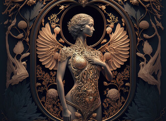 Obraz premium Stylized ornate woman body, tree, flowers, carving. sketch art for artist creativity and inspiration. generative AI 