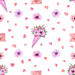 Watercolor seamless pattern of romantic decorative elements isolated on a white background. For postcard, poster, scrapbooking, invitations, background, prints, wallpaper, fabric, textile, wrapping.