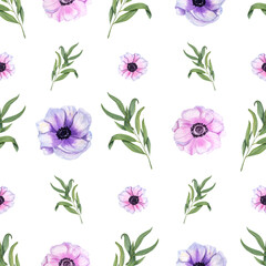 Watercolor seamless pattern of anemones with eucalyptus isolated on a white background. For Valentine day, wedding invitation, birthday, mother day cards, poster, textile, cover, print