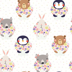 Obraz na płótnie Canvas Cute animals holding bouquet of flowers seamless pattern on a white background. Hand drawn vector illustration. Scandinavian style flat design. Concept kids textile, fashion print, wallpaper, package.