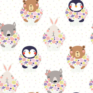 Cute animals holding bouquet of flowers seamless pattern on a white background. Hand drawn vector illustration. Scandinavian style flat design. Concept kids textile, fashion print, wallpaper, package.