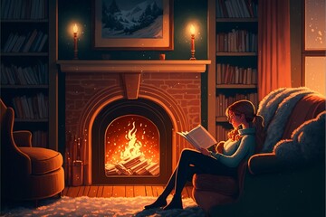 Woman reading book, resting in armchair, basking near fireplace. Christmas fireplace, warm cozy interior, winter holidays resting concept Generative AI