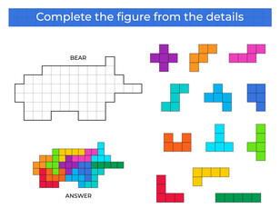 Complete the figure. Puzzle game with bear. 