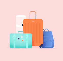 Luggage bags for traveling, tourism. Various baggage: suitcase, backpack, case. Packing for summer holidays, trip, journey. Carry on, hand baggage. Isolated vector illustration