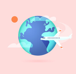 Airplane flying around the world. Tourism, vacation concept. Traveling worldwide by plane. Business jet on a flight around the globe. International airlines, aviation. Isolated vector illustration