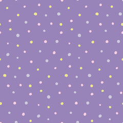 Fototapeta na wymiar Small dots simple seamless geometric pattern, yellow, pink, violet background. Hand drawn vector illustration. Childish texture. Design concept for kids fashion print, textile, fabric, wallpaper