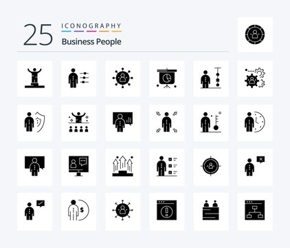 Business People 25 Solid Glyph Icon Pack Including Presentation. Business. Person. Share. People