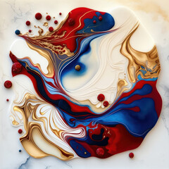 Generative AI illustration of colorful red white and blue alcohol ink spill on marble abstract background