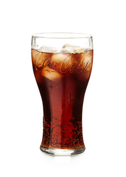 Cola in highball glass and ice cubes isolated on a transparent background