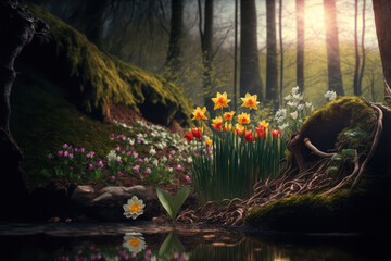  Generative AI illustration of Easter theme image of Spring flowers tulips and daffodils in forest landscape
