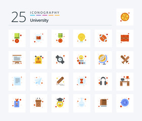 University 25 Flat Color icon pack including ball. study idea. gold. light. bulb