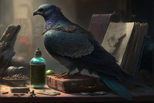 Carrier pigeon on a table. Role-playing game illustration. Generative AI.