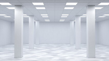 White empty open space office interior, 3d illustration