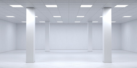 Obraz premium Empty white office room with columns and ceiling lights. 3d render
