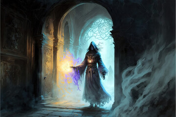 Sorcerer in a dungeon. Role-playing game illustration. Generative AI. - obrazy, fototapety, plakaty