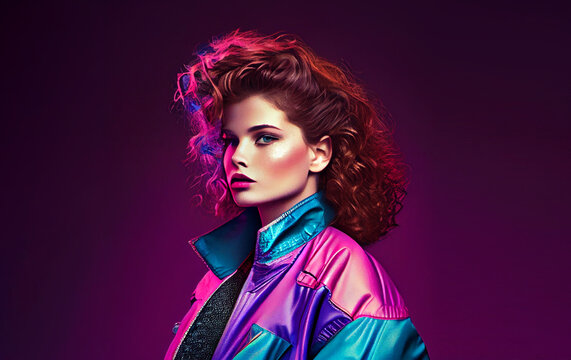 Back in time 90s 80s. Stylish girl in retro colourful vintage coat, orange  leggings, and purple body, fashion trends, entertainment. 80's Fashion  woman over pink background. Beautiful athletic girl. Stock Photo