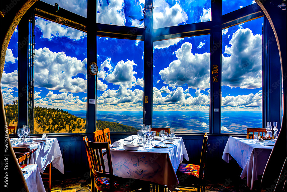 Poster a group of tables and chairs in front of a window with a view of the ocean - generative ai