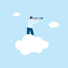 The concept of men's illustration is looking for data above the clouds