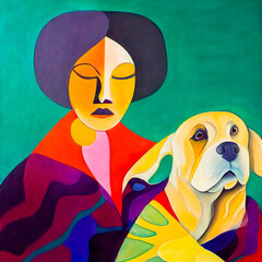 Lady with a dog in the style of cubism, stylized as oil paint, drawing on a graphics tablet