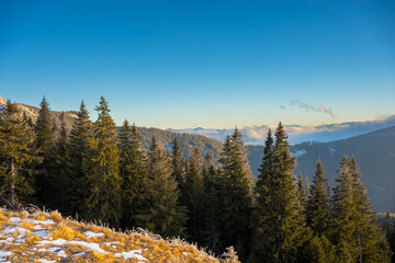 Rarau Mountains in Bucovina region of Romania. Warm January view from top of Rarau Pass