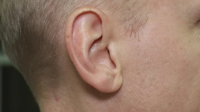 Right ear of caucasian man, close-up view. Problem of perception, deafness, human hear concept. He is moving his ear. The part of the human body responsible for hearing and perceiving sounds.