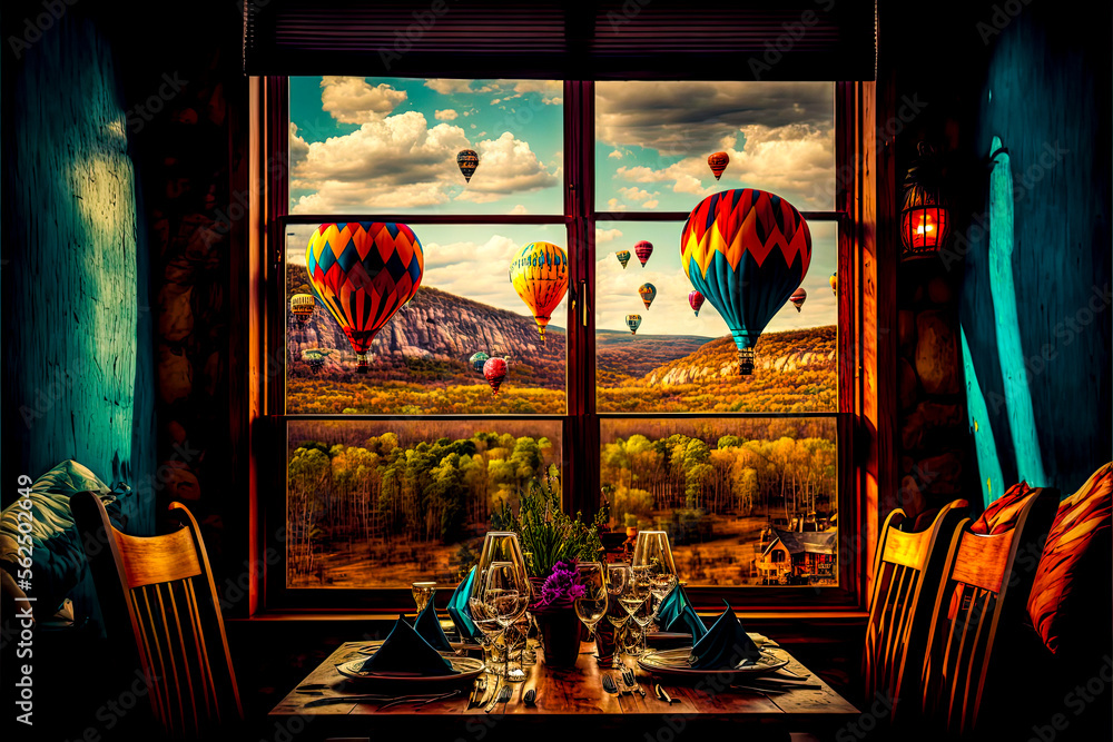 Poster a table with a vase of flowers and a window with a view of a forest - generative ai