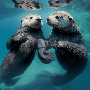 Sea Otters Holding Hands