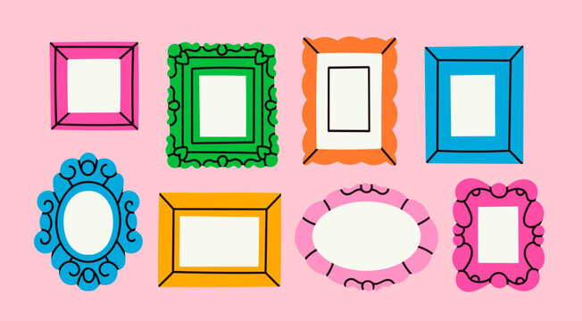 Set of various decorative Frames or Borders. Different shapes. Photo or mirror frames. Vintage design. Elegant, modern flat style. Hand drawn trendy Vector illustration. All elements are isolated