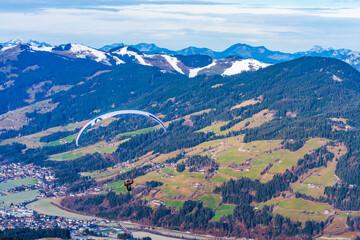 Fototapeta na wymiar Aerial view of Alps and landscape around Kitzbuhel in Austria
