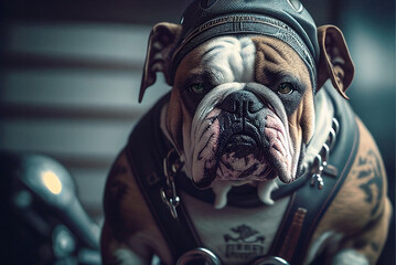 Cute portrait of a dog in a biker helmet created using generative ai technology, funny humorous dog poster.