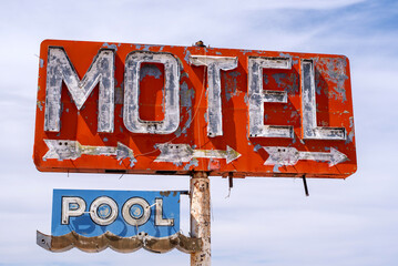 Vintage Motel sign in Arizona desert on Route 66