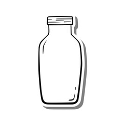 Basic Glass Bottle on white silhouette and gray shadow. Simple line doodle. Vector illustration for decoration or any design.