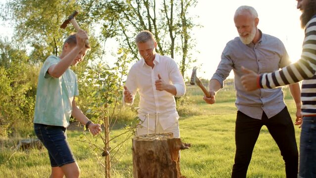 Laughing boy and his family playing Stump together outside on a sunny afternoon in summer
