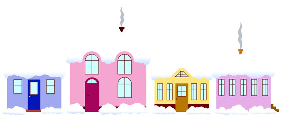 Set of winter village houses on a transparent background, png. Suburban cute colorful buildings with roofs, windows, chimneys, doors, snow and smoke. Cartoon, illustration, isolated