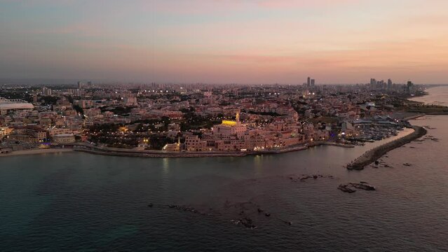 Old Jaffa port at sunset time aerial photography